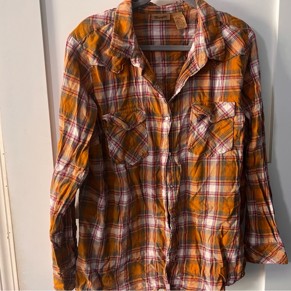 Wrangler Orange and White Pearl Snap Plaid Shirt